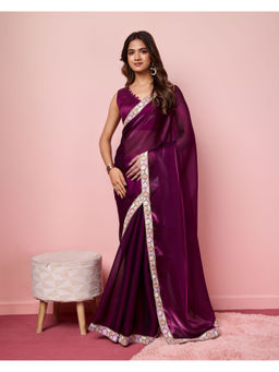 VAIRAGEE - Purple Silk Blend Plain Saree with Unstitched Blouse