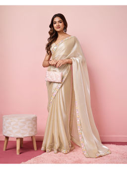 VAIRAGEE - Cream Silk Blend Plain Saree with Unstitched Blouse