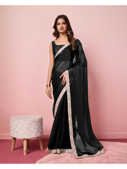VAIRAGEE - Black Silk Blend Plain Saree with Unstitched Blouse