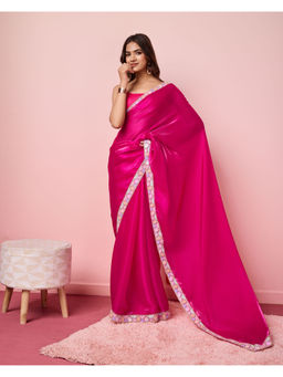 VAIRAGEE - Magenta Silk Blend Plain Saree with Unstitched Blouse