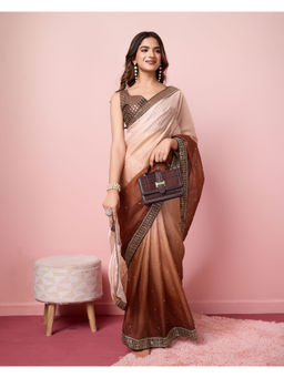 VAIRAGEE - Brown Organza Embellished Work Saree with Unstitched Blouse