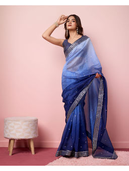VAIRAGEE - Navy Blue Organza Embellished Work Saree with Unstitched Blouse