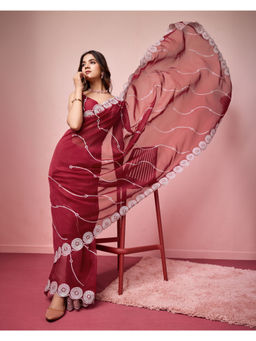 VAIRAGEE - Maroon Organza Embroidered Work Saree with Unstitched Blouse