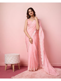 VAIRAGEE - Peach Organza Embroidered Work Saree with Unstitched Blouse