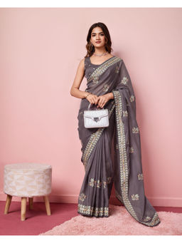 VAIRAGEE - Grey Organza Embroidered Work Saree with Unstitched Blouse