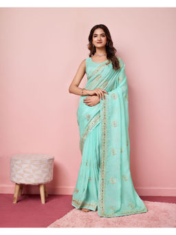 VAIRAGEE - Blue Organza Embroidered Work Saree with Unstitched Blouse