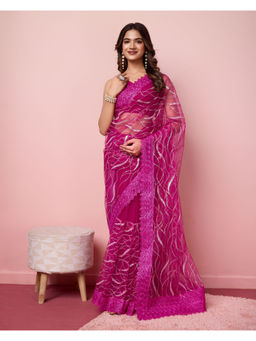 VAIRAGEE - Magenta Net Embellished Work Saree with Unstitched Blouse