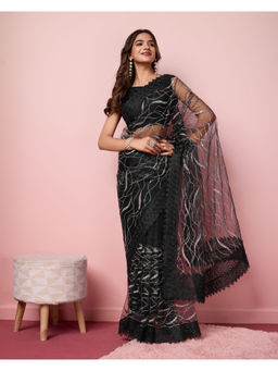 VAIRAGEE - Black Net Embellished Work Saree with Unstitched Blouse