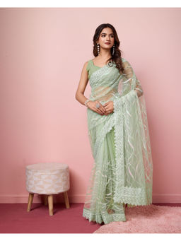 VAIRAGEE - Green Net Embellished Work Saree with Unstitched Blouse