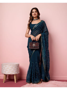VAIRAGEE - Teal Georgette Embroidered Work Saree with Unstitched Blouse