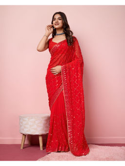 VAIRAGEE - Red Georgette Embroidered Work Saree with Unstitched Blouse