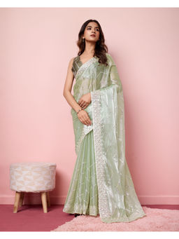 VAIRAGEE - Green Silk Blend Embellished Work Saree with Unstitched Blouse