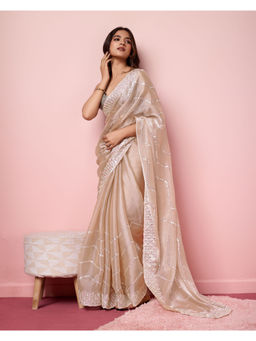 VAIRAGEE - Beige Silk Blend Embellished Work Saree with Unstitched Blouse