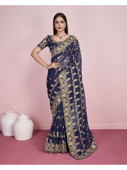 VAIRAGEE - Blue Organza Embroidered Work Saree with Unstitched Blouse