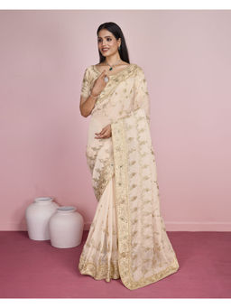 VAIRAGEE - Cream Organza Embroidered Work Saree with Unstitched Blouse