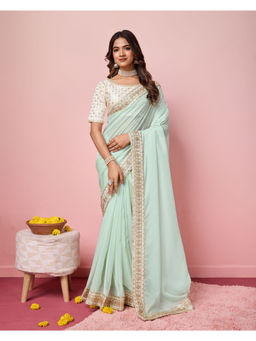 VAIRAGEE - Blue Organza Plain Saree with Unstitched Blouse