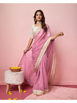 VAIRAGEE - Pink Organza Plain Saree with Unstitched Blouse