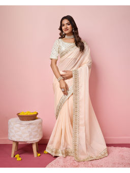 VAIRAGEE - Cream Organza Plain Saree with Unstitched Blouse