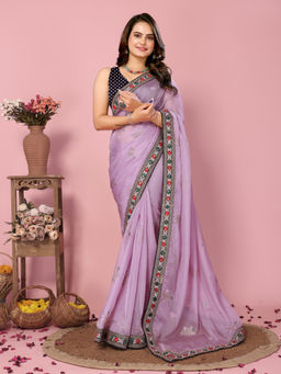 VAIRAGEE - Lavender Organza Embroidered Work Saree with Unstitched Blouse