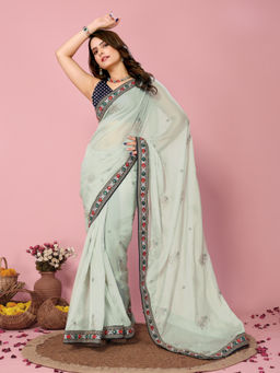 VAIRAGEE - Green Organza Embroidered Work Saree with Unstitched Blouse