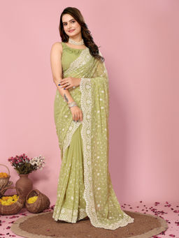 VAIRAGEE - Green Georgette Embroidered Work Saree with Unstitched Blouse