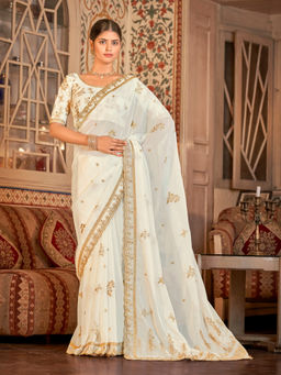 Odette - Women White Organza Embroidered Saree with Unstitched Blouse