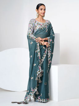 Odette - Women Teal Organza Saree with Unstitched Blouse