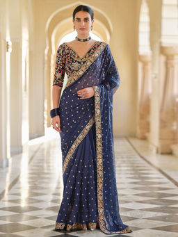 Odette - Women Dark Blue Organza Embroidered Saree with Unstitched Blouse