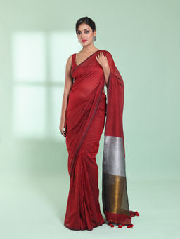 CHARUKRITI - Red Cotton Saree with Zari Pallu with Unstitched Blouse