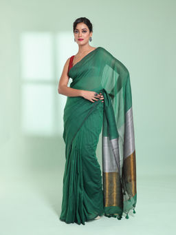 CHARUKRITI - Green Cotton Saree with Zari Pallu with Unstitched Blouse