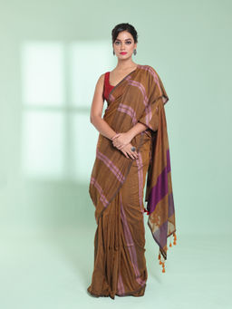 CHARUKRITI - Dark Mustard Cotton Saree with Stripes Design with Unstitched Blouse