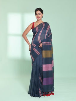 CHARUKRITI - Dark Grey Cotton Saree with Stripes Design with Unstitched Blouse