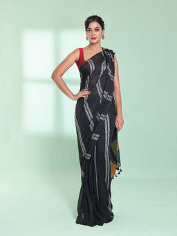 CHARUKRITI - Black Cotton Saree with Stripes Design with Unstitched Blouse