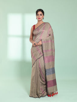 CHARUKRITI - Ecru Cotton Saree with Stripes Design with Unstitched Blouse