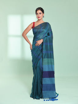 CHARUKRITI - Teal Cotton Saree with Stripes Design with Unstitched Blouse