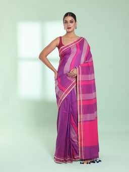 CHARUKRITI - Purple Cotton Saree with Stripes Design with Unstitched Blouse