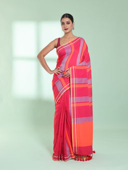 CHARUKRITI - Punch Pink Cotton Saree with Stripes Design with Unstitched Blouse