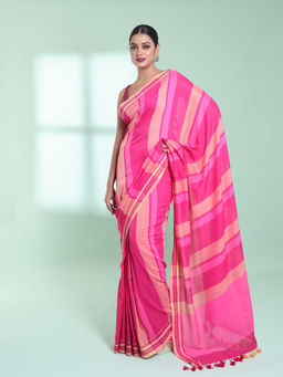 CHARUKRITI - Pink Cotton Saree with Stripes Design with Unstitched Blouse