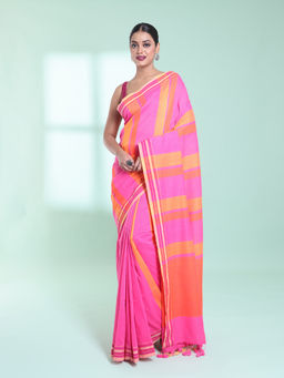 CHARUKRITI - Taffy Pink Cotton Saree with Stripes Design with Unstitched Blouse