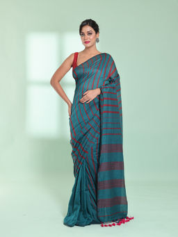 CHARUKRITI - Teal Cotton Saree with Stripes Pattern with Unstitched Blouse