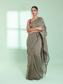 CHARUKRITI - Ecru Cotton Saree with Stripes Pattern with Unstitched Blouse