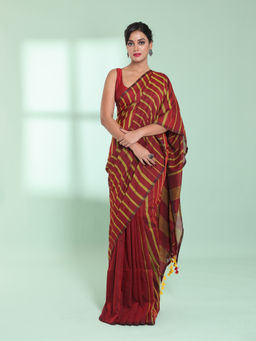 CHARUKRITI - Maroon Cotton Saree with Stripes Pattern with Unstitched Blouse