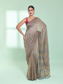 CHARUKRITI - Light Ecru Cotton Saree with Stripes Pattern with Unstitched Blouse