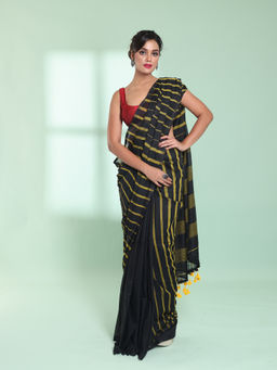 CHARUKRITI - Black Cotton Saree with Stripes Pattern with Unstitched Blouse