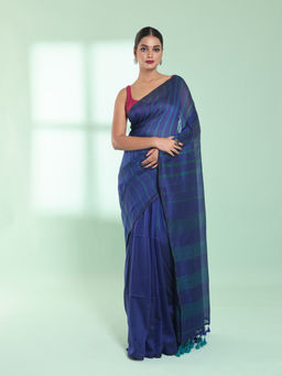 CHARUKRITI - Blue Cotton Saree with Stripes Pattern with Unstitched Blouse
