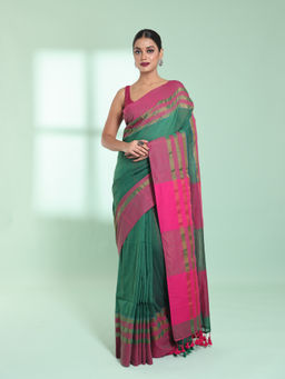 CHARUKRITI - Green Cotton Saree with Zari Border with Unstitched Blouse