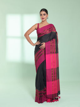 CHARUKRITI - Black Cotton Saree with Zari Border with Unstitched Blouse