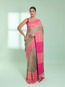 CHARUKRITI - Ecru Cotton Saree with Zari Border with Unstitched Blouse
