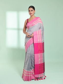 CHARUKRITI - Steel Grey Cotton Saree with Zari Border with Unstitched Blouse