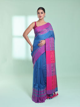 CHARUKRITI - Sapphire Blue Cotton Saree with Zari Border with Unstitched Blouse